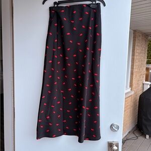 Black Midi Skirt with Red Lip Print